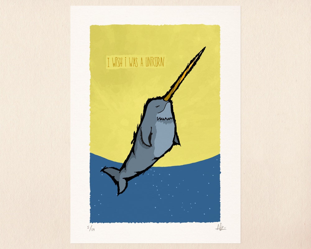 I wish I was a unicorn - Narhwal, moon, and night sky - Limited Edition Signed and Numbered 5x7 Giclée Illustration