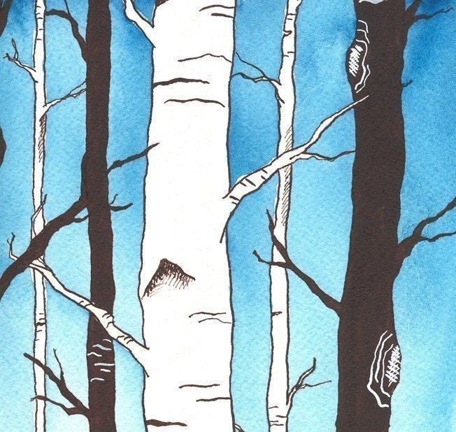 Giclee Print, Pen and ink, Landscape birch trees, 8.5 x 11, Art Illustration Print - Sapphire Sky with Birch Forest