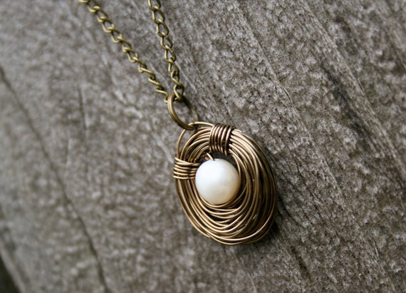 Mama Bird Aged Copper Bird's Nest Necklace - One Pearl Egg - Great Mother's Day Gift