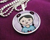 Panda Mo Glass Pendant - Round silver necklace with girl in panda beanie