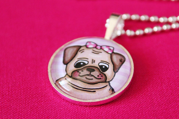 Girl Pug Glass Glass Pendant - Round silver necklace with puppy and polka dot ribbon