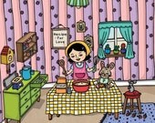 Recipe For Love Art Print - 5 x 7 inches by Helena Tay, signed edition, girl and rabbit baking, kitchen
