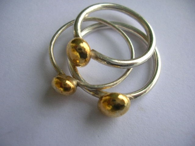 Stacking gold plated 24K pebbles on sterling silver rings-set of 3.