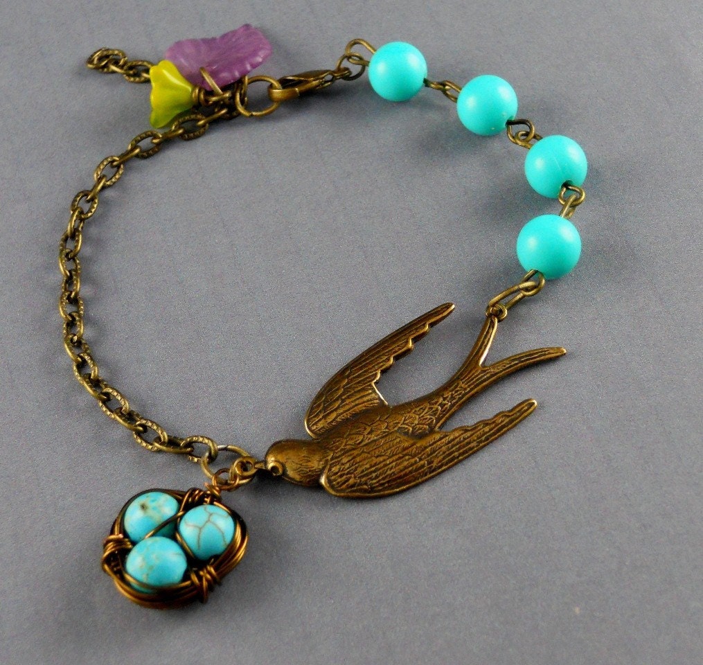 Antique Bronze Sparrow Robin  Vintage Aqua bead Egg Nest blue Leaf Flower Bracelet