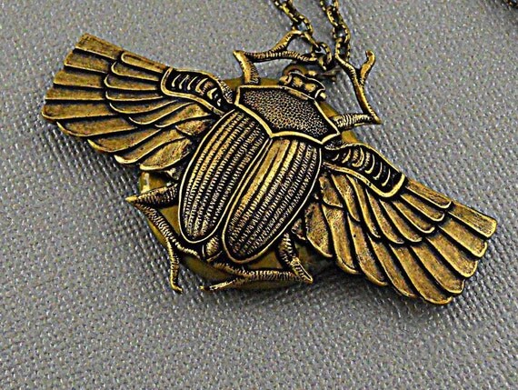 Steampunk Beetle Vintage Bronze Locket, Egyption, Symbolic, Scarab, Ancient ,Locket Long Chain- PHARAOH RESURRECTION