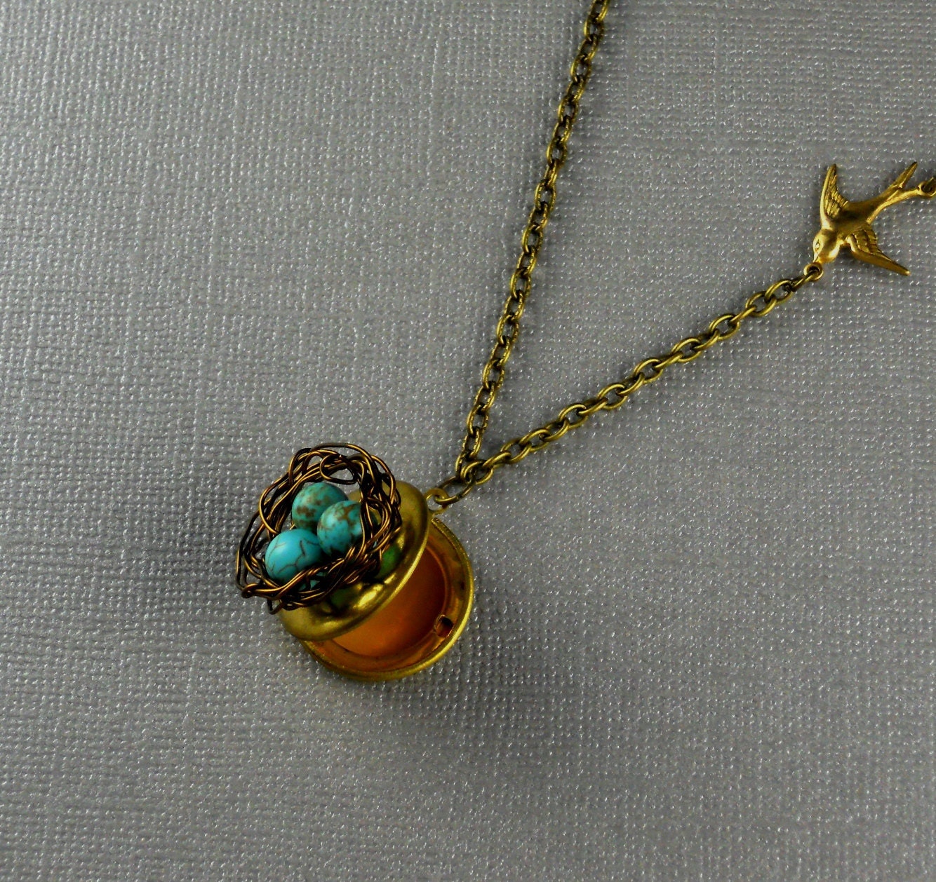Locket Robin Egg Bird Nest Vintage Bronze Necklace