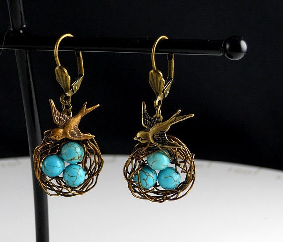 Locket Robin Egg Bird Nest Vintage Bronze Necklace