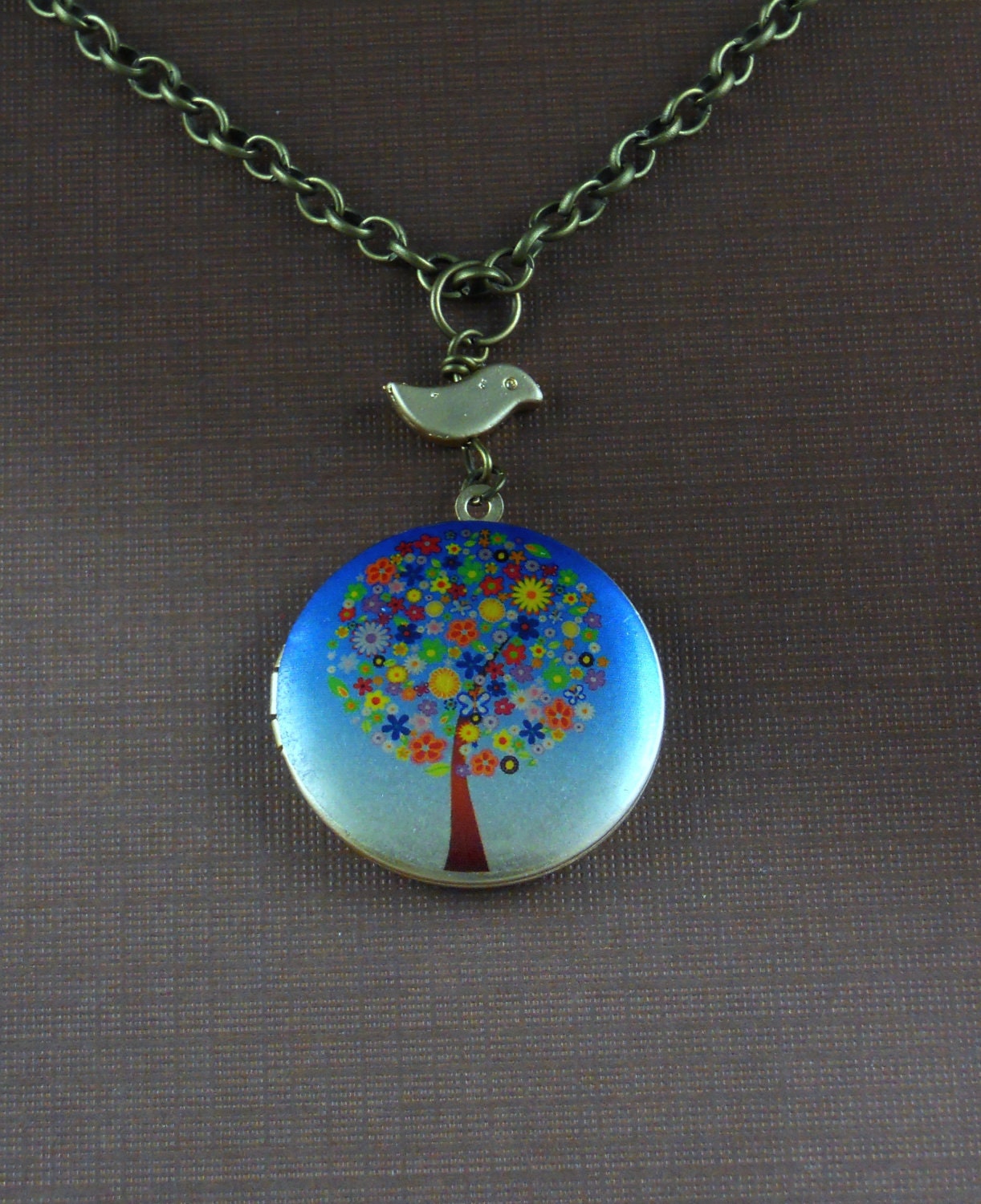 Bird Flowers Locket , Round Photo Locket, Image Locket, Golden Bird Locket Necklace