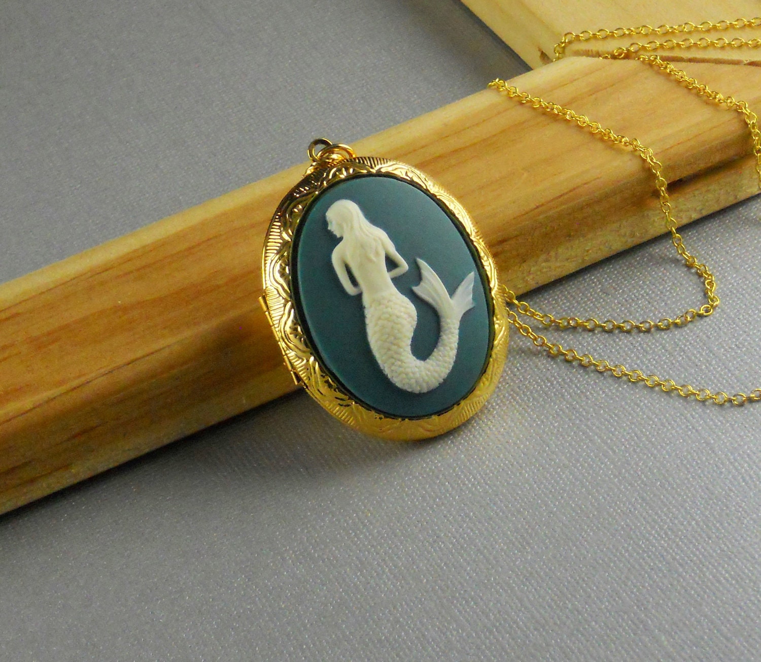 Mermaid Locket Gold Plated Locket Big Locket Necklace Long Chain