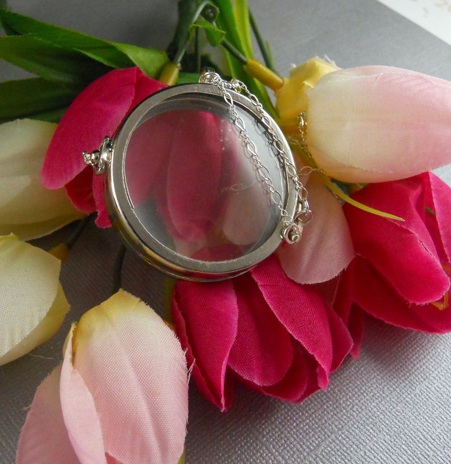 Large Clear Glass Locket, Round Bezel 3D Art Locket, Keepsake Locket, Sterling Silver Long Chain- CRYSTALLINE
