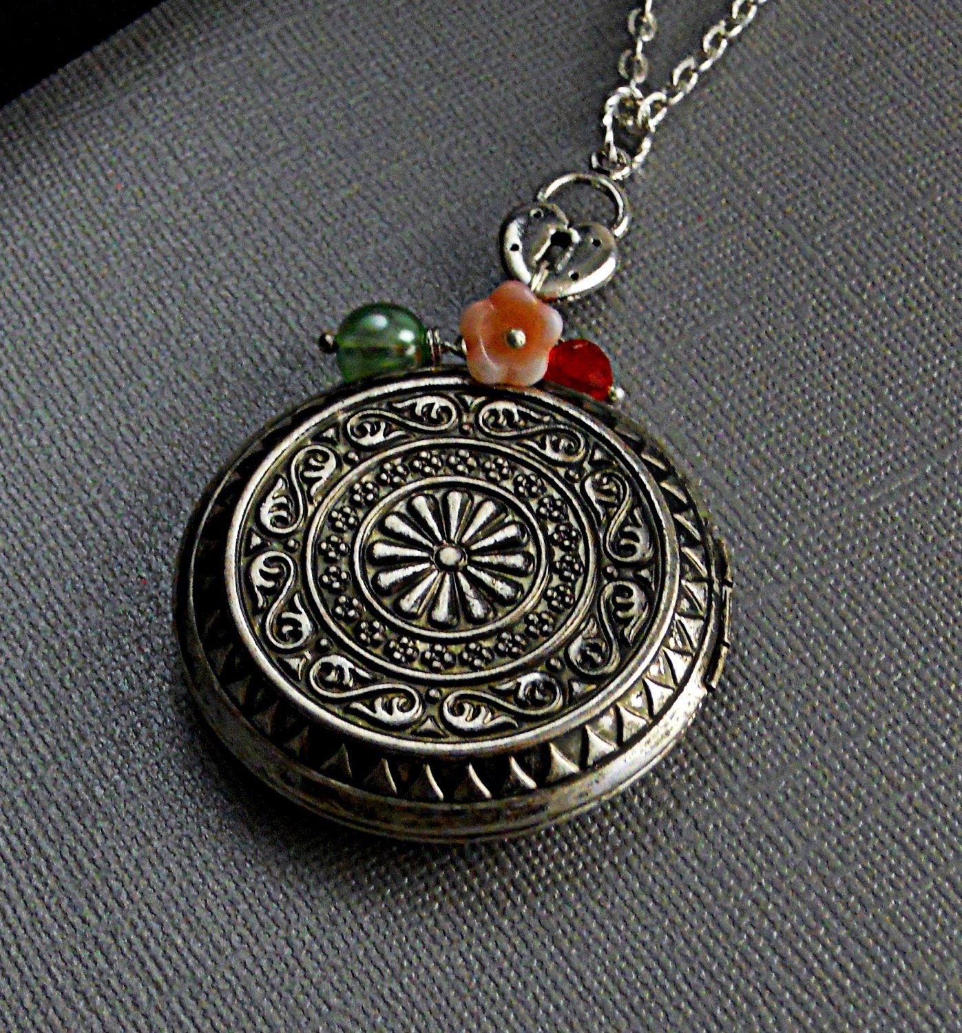Large Antique Silver Locket,Abstract Geometrical Asymmetrical Locket, Lock Circles Locket, Green Red Peach Locket- LOCKED FOREVER