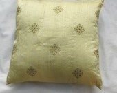 Silk light yellow throw pillow with motif embroidery 16 inch cushion cover ON SALE