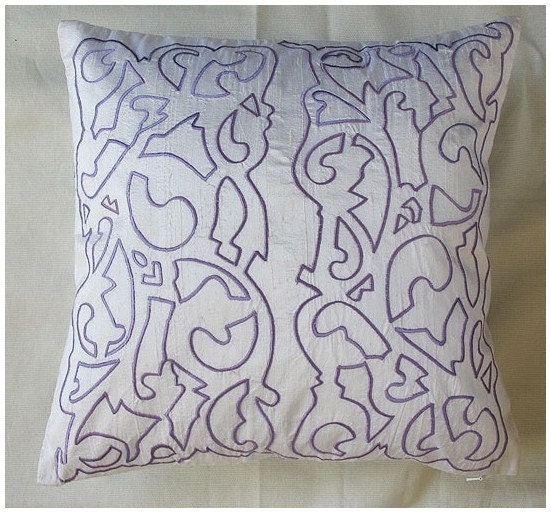 white filigree throw pillow cover with lilac embroidery 16X16 inch decorative cushion cover