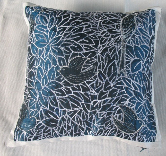 nature birds 12 inch accent pillow teal blue with silver embroidered decorative throw pillow