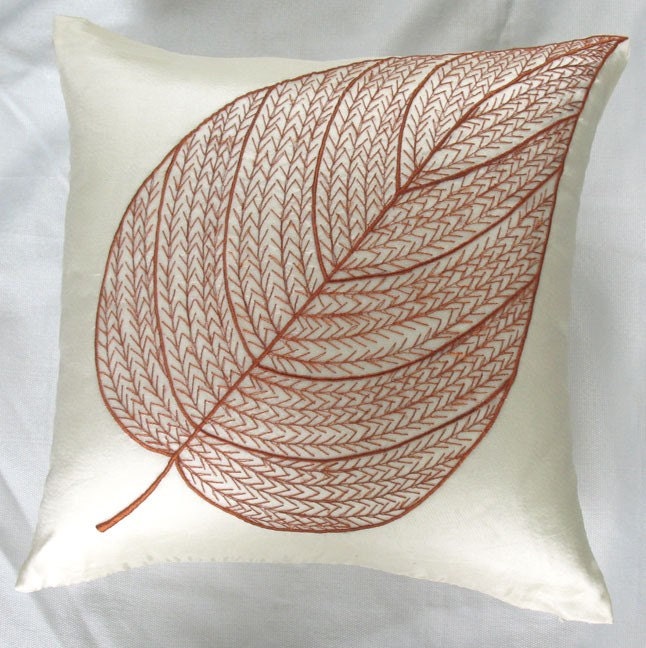Off white throw pillow cover with brown leaf embroidery satin and sheer fabric 18 inch Cushion Cover