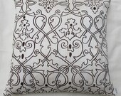 off white pillow with brown filigree embroidery 16 inch