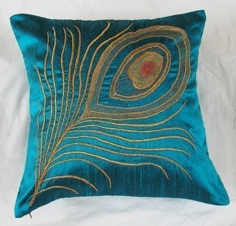 teal blue peacock pillow with peacock feather in gold - 16 inch