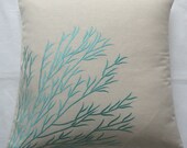 off white throw pillow with aqua blue coral branch embroidery 18 inch cushion cover INSTOCK