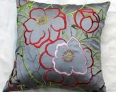 gray decorative throw pillow cover with floral embroidery in red pink and green 16 inch
