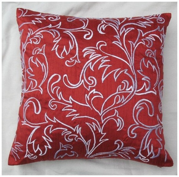 Rust Red Silk throw pillow with Moroccan style embroidery in white 16 inch decorative cushion cover
