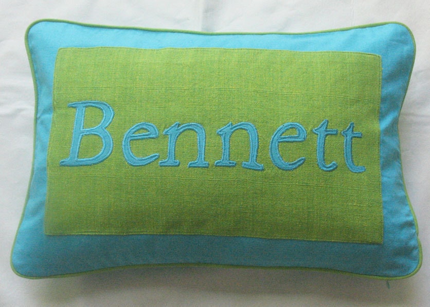 name pillow custom made - blue and green personalized pillow for nursery