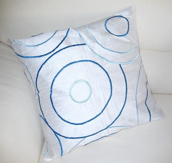White Silk throw pillow cover with circle design hand made modern contemporary 16 inch