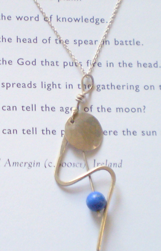 Thunderbolt Lapis And Sterling Silver  Hammered Necklace  on Vintage Silver Chain