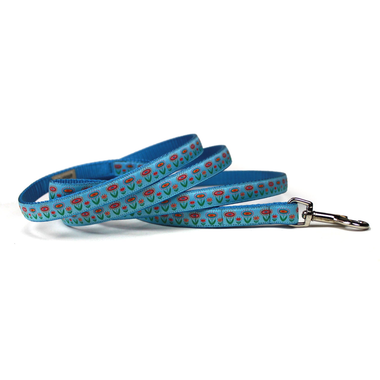 blue folk art blooms leash (1/2 inch)