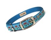 blue folk art blooms metal buckle dog or cat collar (1/2 inch)