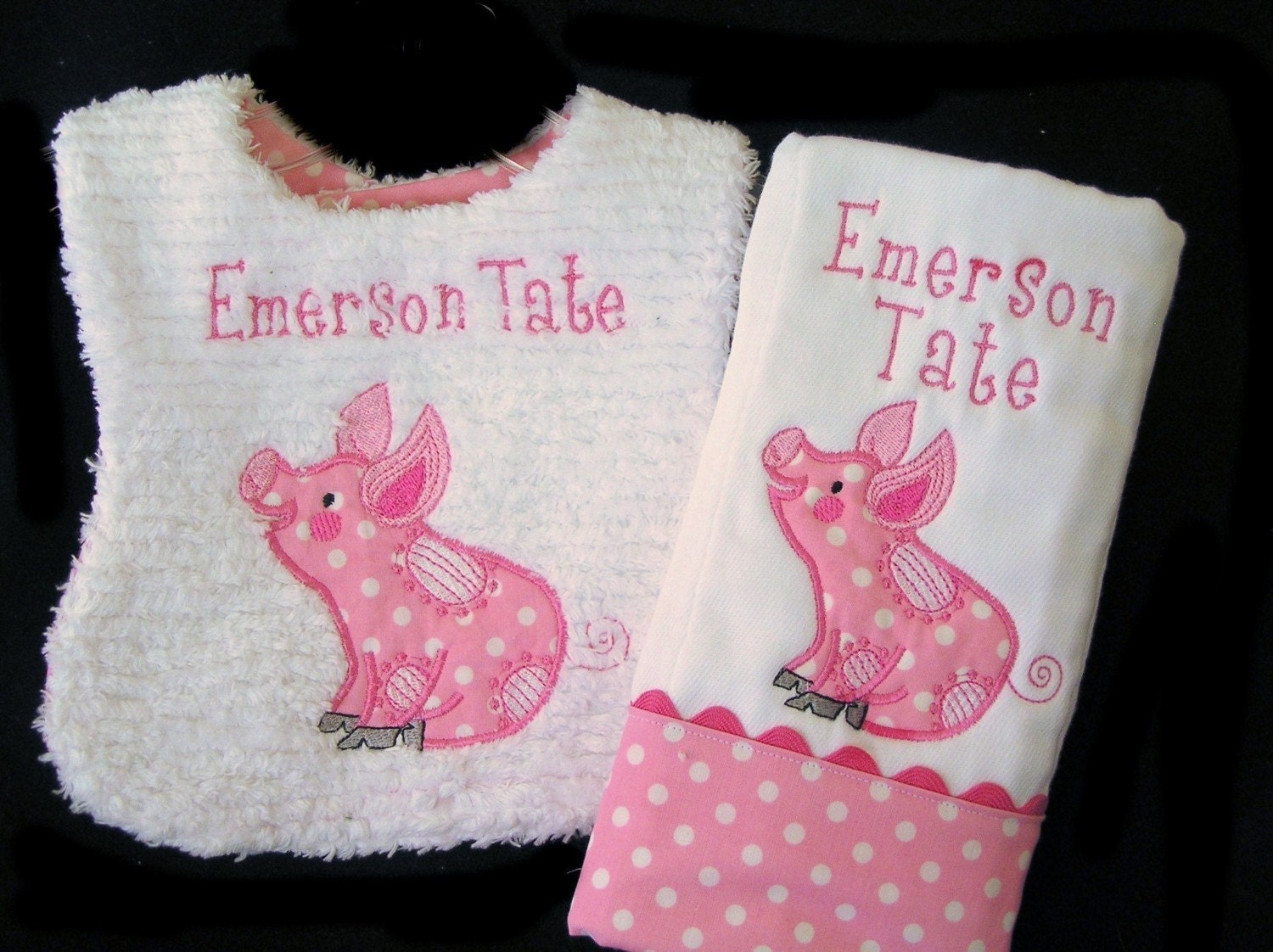 Personalized Baby Bib and Burp Cloth - Appliqued Pink Pig - White Chenille - Reversible- This Little Piggy