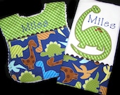 Personalized Baby Bib and Burp Cloth - Gift Set - White Chenille - Green Dinosaur