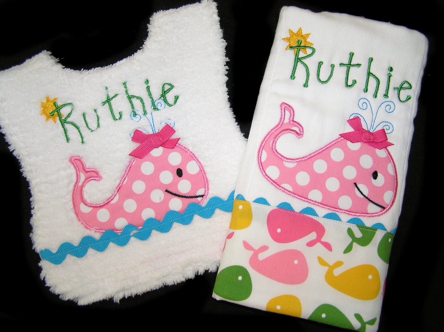 Personalized Baby Gift Set - Appliqued Bib and Burp Cloth - Pink Whale - White Chenille - Reversible