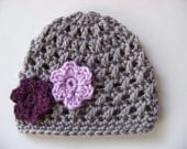 Baby Girl Crochet Beanie, Newborn Baby Hat, Baby Girl, Baby Photo Prop, Gray, Purple, Flowers, 3 to 6 months