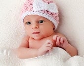 Baby Girl Beanie, Crochet Baby Hats, Pink with White Trim and Bow  3 to 6 months, Baby Girl Hat