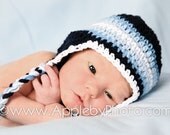 Crochet Baby Hat, Earflap Hat for Boys - Navy Blues and White 0 to 3 Months, Baby Boy Hat