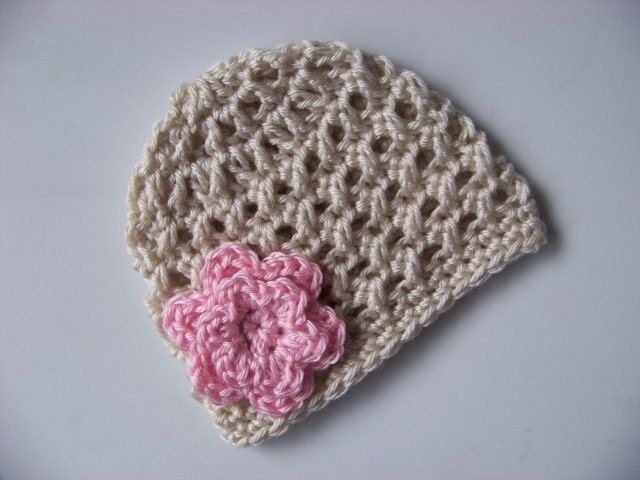 Baby Girl Beanie, Baby Hats, Baby Photo Prop Hat, Natural, Pink, Flower, 3 to 6 months