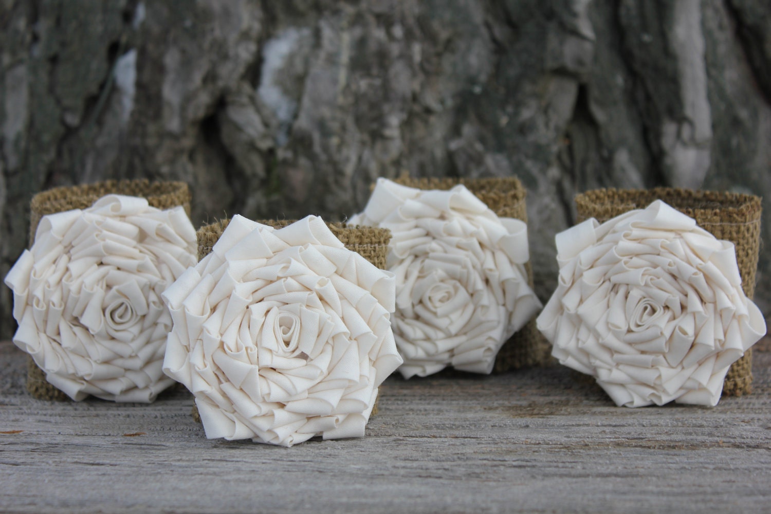 Burlap Flower Napkin Rings - set of four - Wedding Napkin Rings - Table Decor