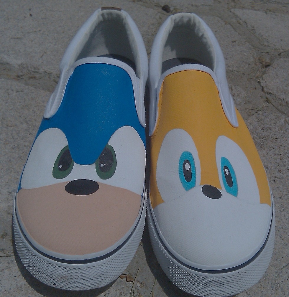 Hand Painted Sonic and Tails Vans Slip On Shoes