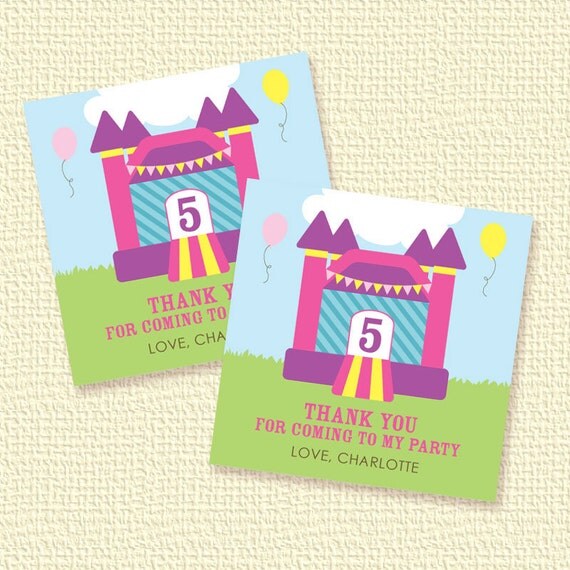 Pink Bounce House Party Favor Tags or Stickers Personalized Printable (Digital File) Il_570xn