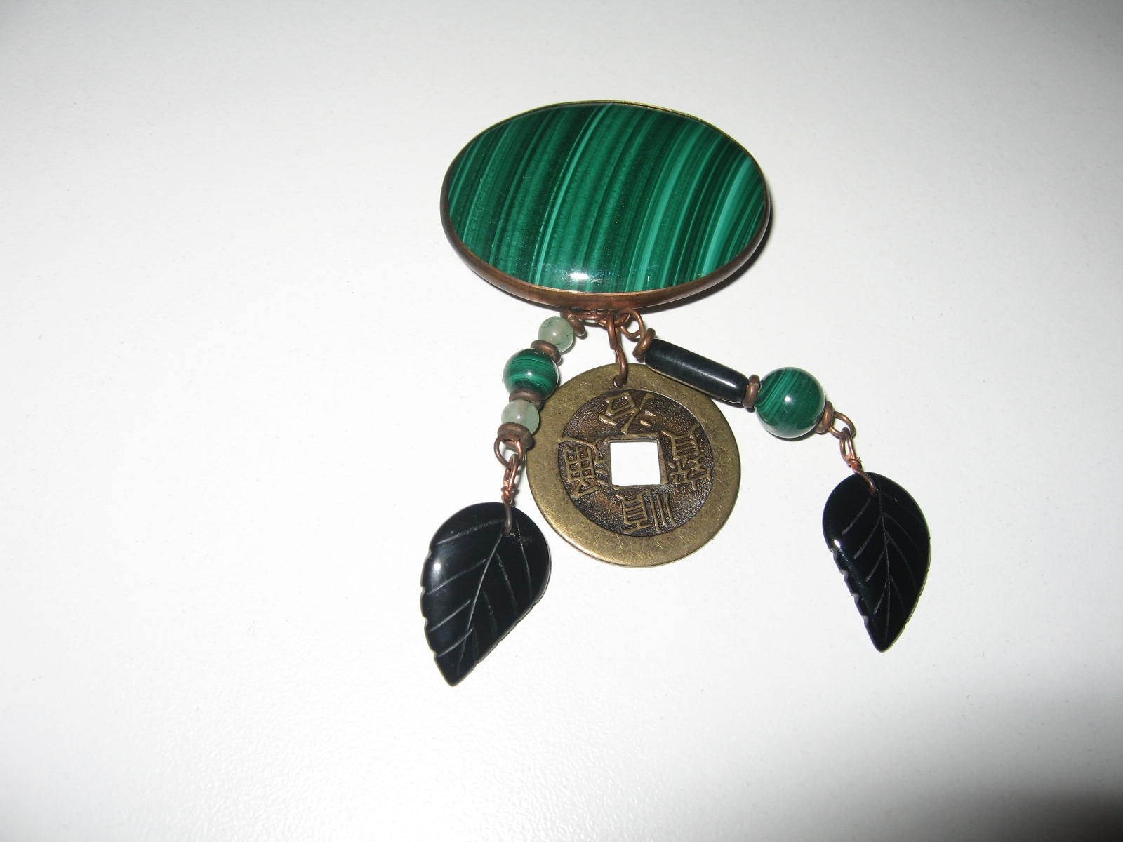 Asian Malachite Onyx Leaf Brooch Coin Dangle Copper Art Piece 1980's