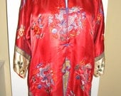 Vintage Asian Embroidered Silk Jacket Robe Dragons Flowers Floral