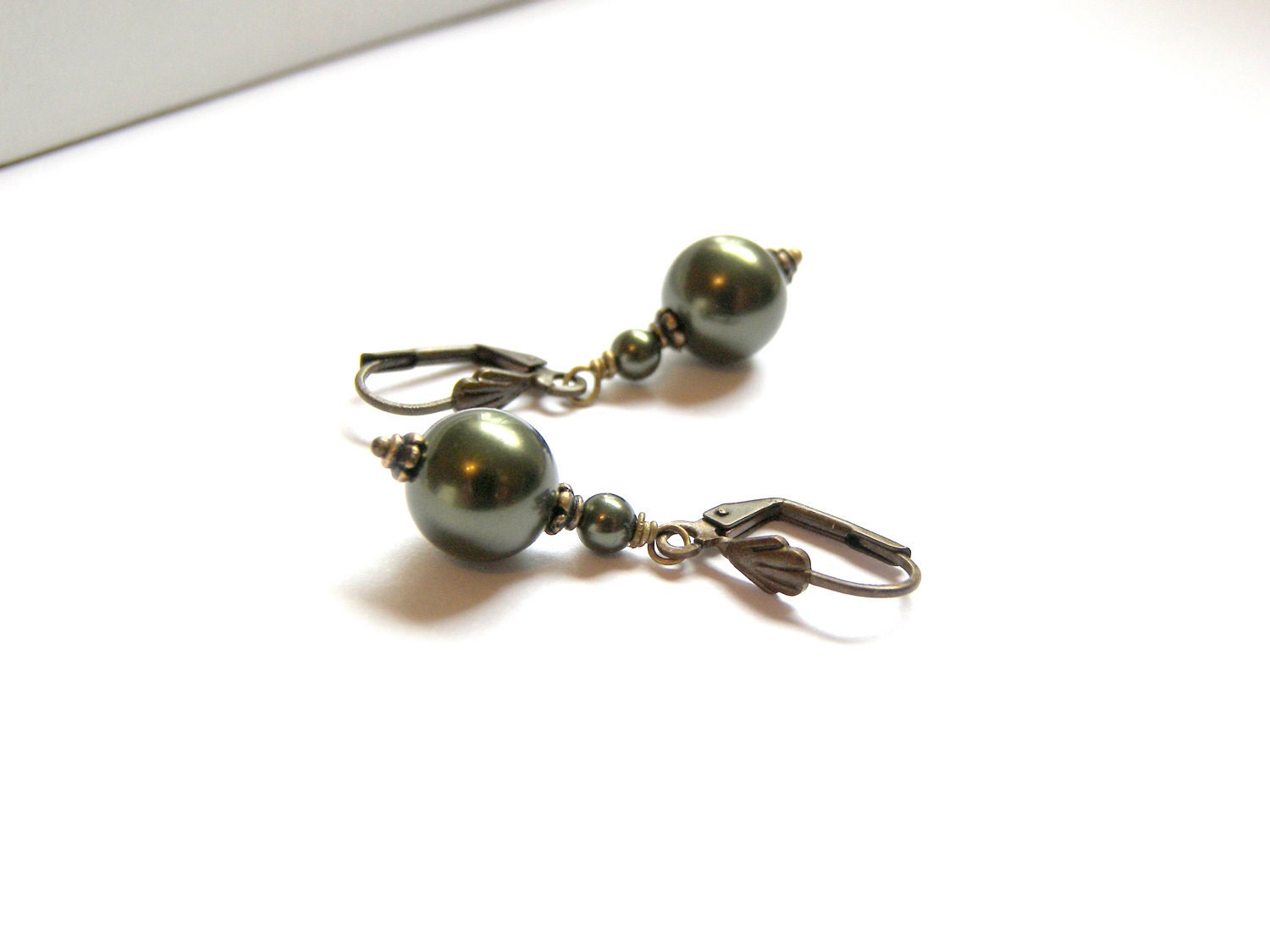 Classic Dark Green Swarovski Single Pearl Drop Earrings