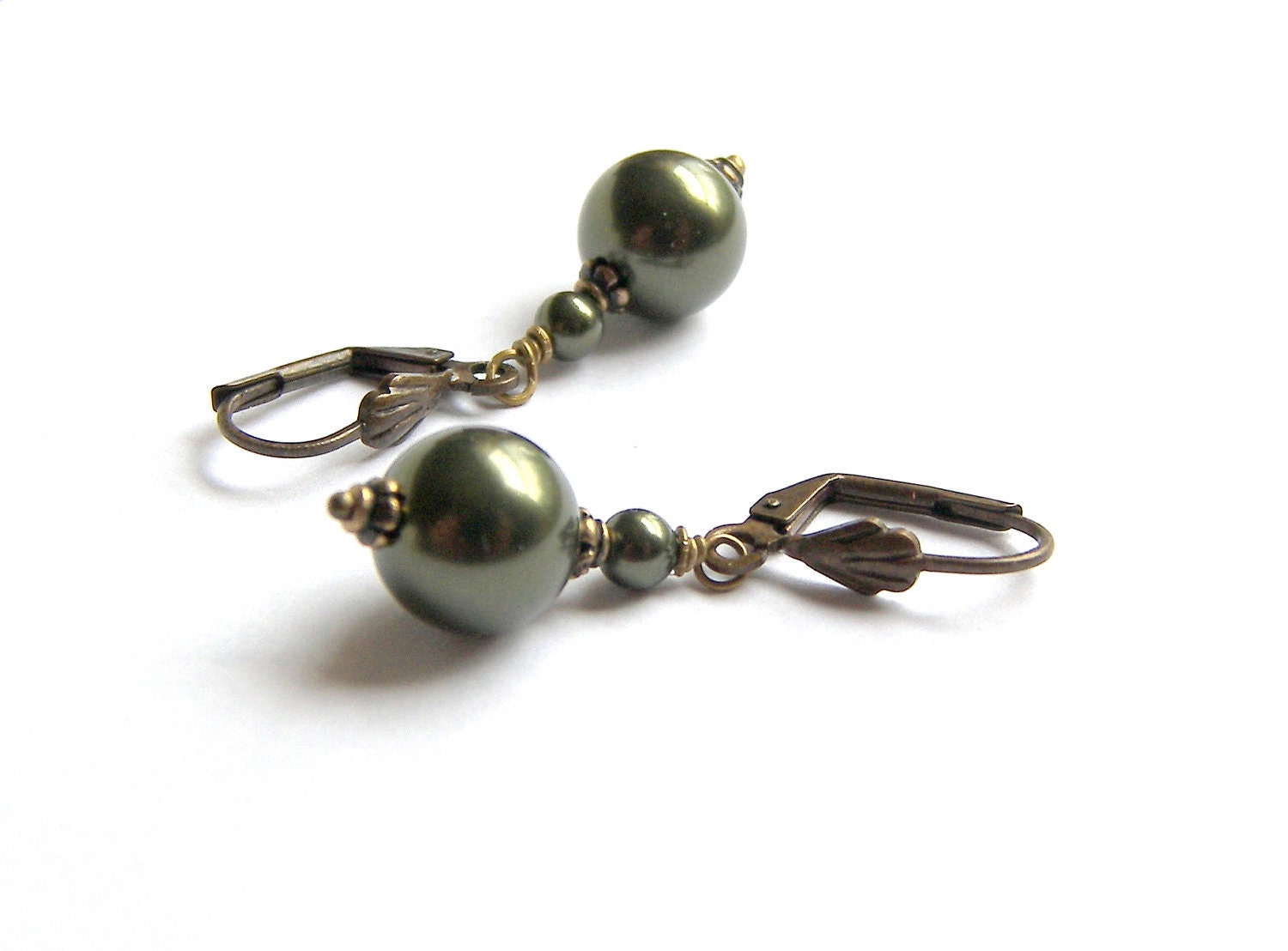 Classic Dark Green Swarovski Single Pearl Drop Earrings