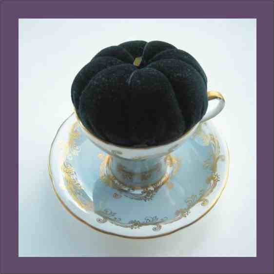Teacup Pincushion - English Bone China - Black Velvet