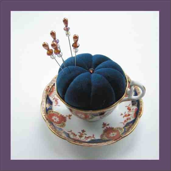 Blue Velvet Teacup Pincushion - Fit for a Queen - Five Matching Pin Toppers