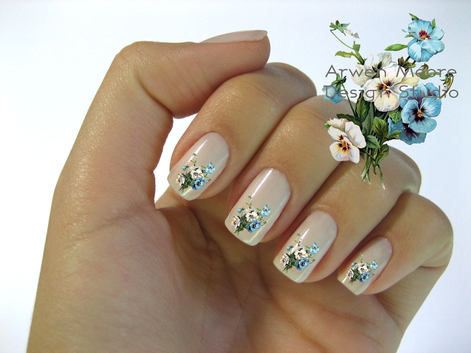 Very Chic Klein Shabby Victorian Blue White Boutique Roses Nail Art Waterslide Water Nail Decals Miniature - fw-015