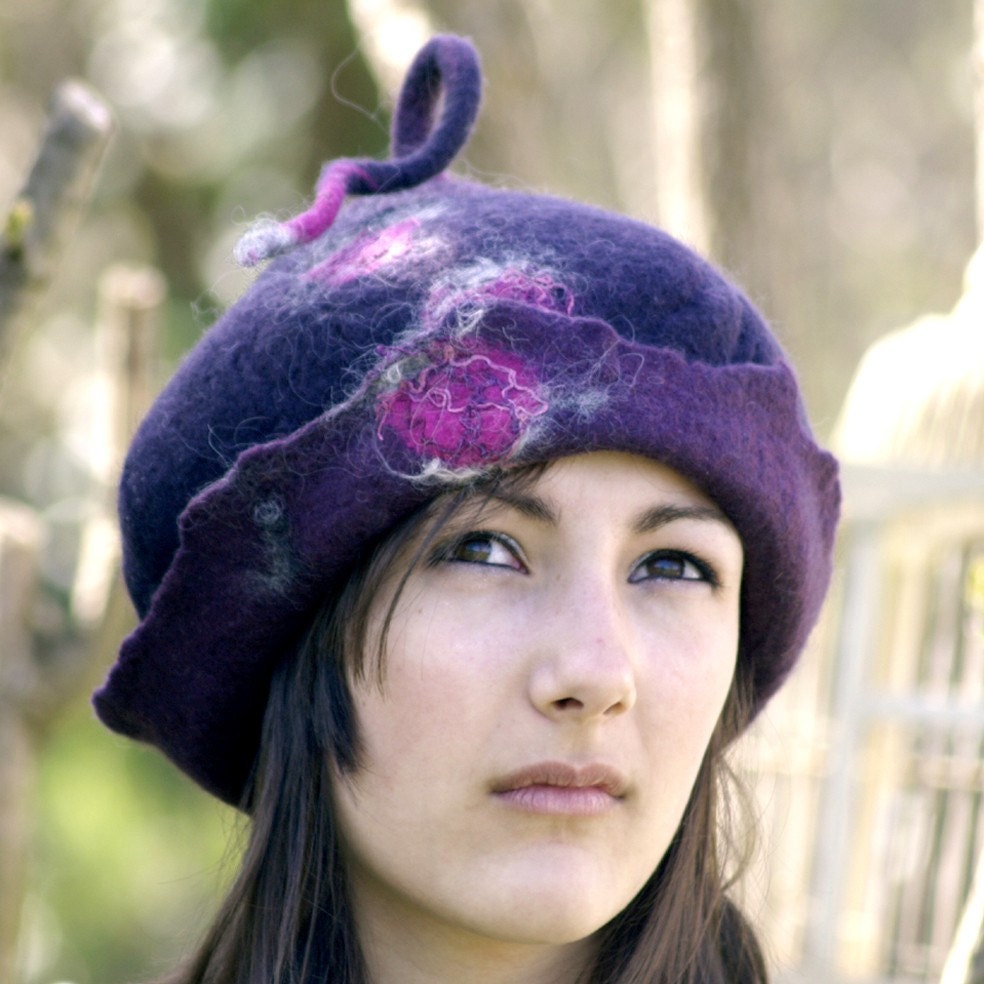 Mauve and purple felted hat pixie style merino wool,  wet felted,  handmade in france felt hat.