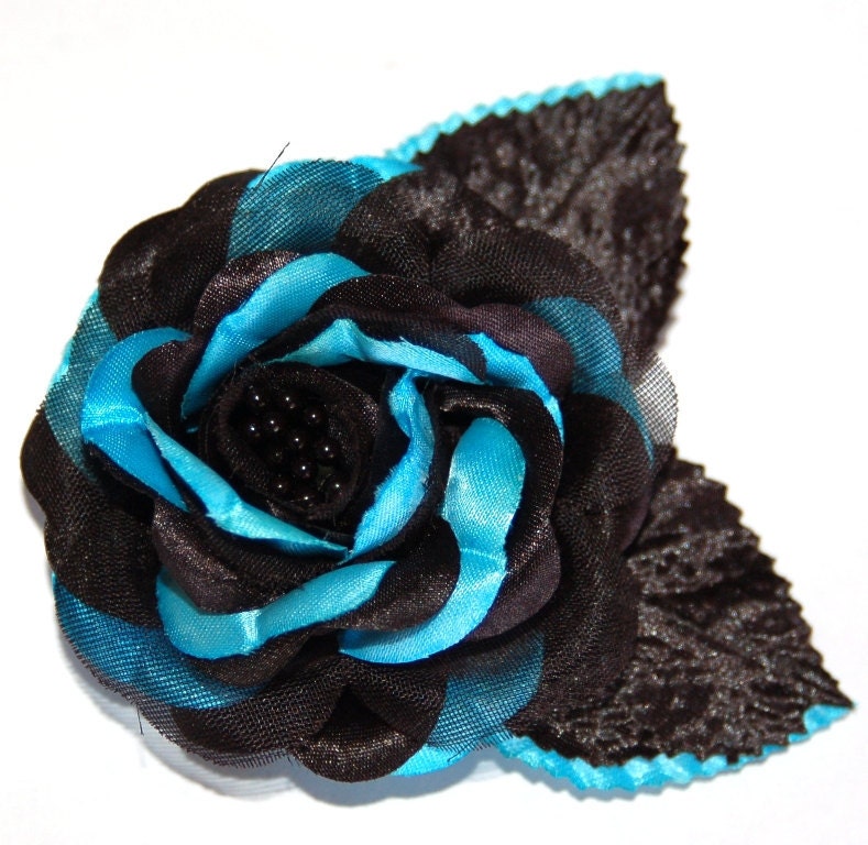 Turquoise Black Rose Flower Hair clip, Sash clip or brooch for Prom Weddings and more