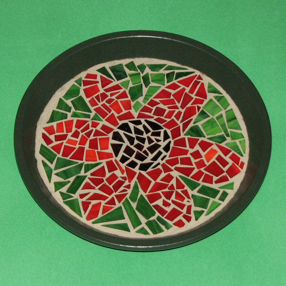Mosaic Birdbath - Red Green Flower