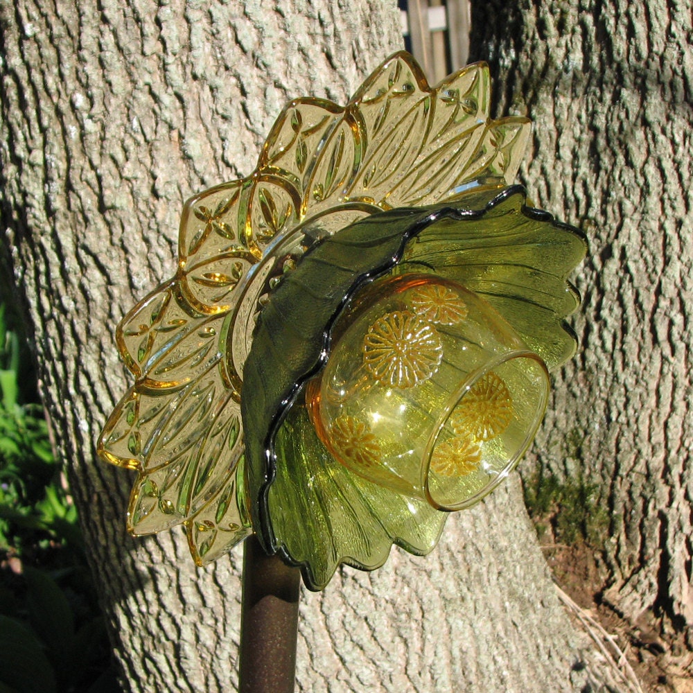 Upcycled Glass Flower Garden Sculpture - amber green